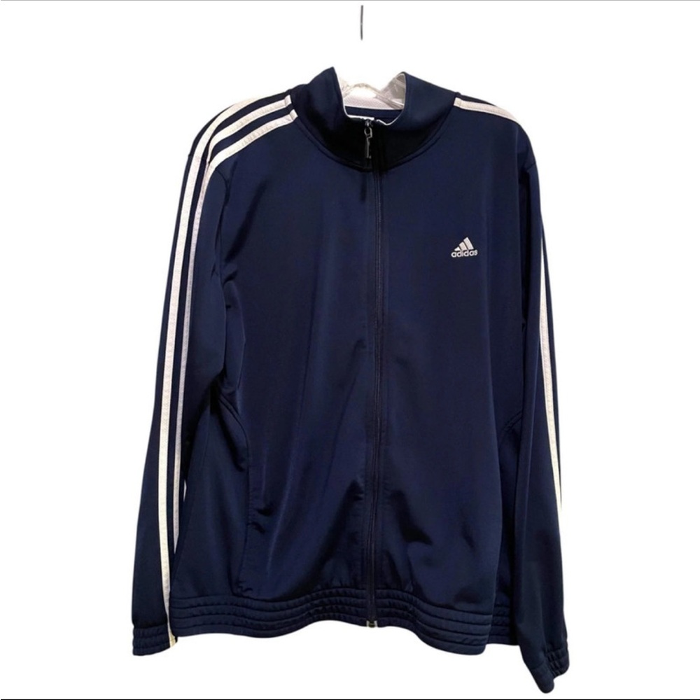 Adidas Men's Dark Blue Track Jacket with White Stripes